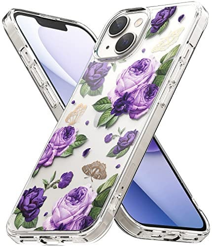 Ringke Fusion Design Compatible with iPhone 14 Case, Transparent 3D Print Design Hard Back with Shockproof Clear Bumper Cover - Purple Rose