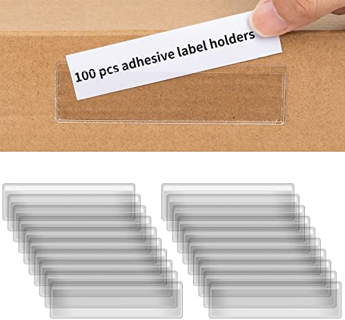 SIYOMG Selbstklebende Etikettenhalter, 100 Stück 11 x 3 cm klare Kunststoff-Karteikarte Etikettentaschen, Regal Tag-Halter mit Top Open für Supermarkt Bücherregal Briefkasten Schule Business Office