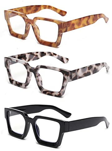JM 3 Pack Square Reading Glasses, Blue Light Blocking Computer Reader for women men +1.75