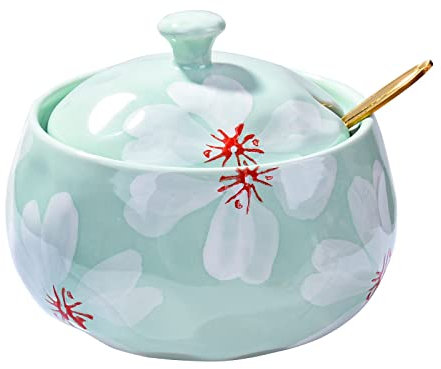 Fignner Zuckerdose aus Keramik mit Deckel und Löffel, Salz- und Pfefferdose aus Keramik (Grün)