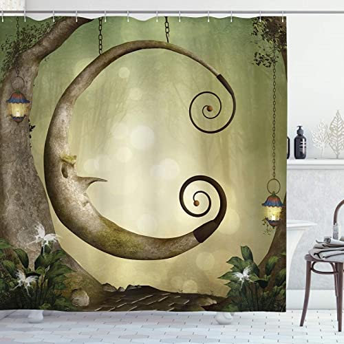 Cartoon Duschvorhang, Wald Geheimnis Schaukel Alter Baum Gelockt Halbmondförmig Lampen Schmetterlinge Druck Stoff Badezimmer Dekor 157x183cm/62x72in(WxH)