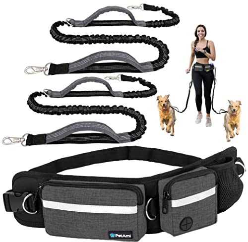 PetAmi Hands Free Dog Running Belt Bag with Double Zipper Pouch for Walking, Jogging, Waist Pack with Poop Bag Dispenser, Dual Padded Handles and Reflective Bungee Leash