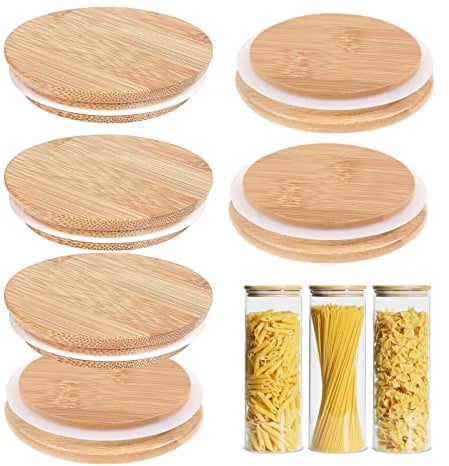 6Packs Bamboo Lids for Gu Pots, Bamboo Lids for Glass Jar with Silicone Sealing, Bamboo Lids Container Cover Reusable Airtight Glass Storage Lids for Drinking and Food Storag