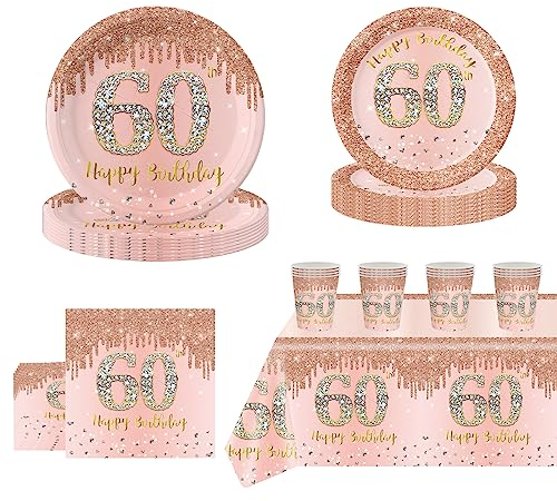 69Pcs Rose Gold 60th Birthday Party Tableware 16 Guests,60th Rose Gold Party Paper Plates Tablecloth Paper Cups and Napkins Tableware Set for Women Her Birthday Gifts Party Supplies Table Decorations