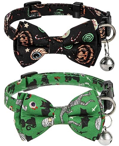 2 Stück Halloween Katzenhalsband, 30 x 1cm Verstellbares Katzenhalsband mit Glöckchen Katzenhalsbänder mit Glöckchen für Hunde Kätzchen Dekorationszubehör (Grün, Schwarz)