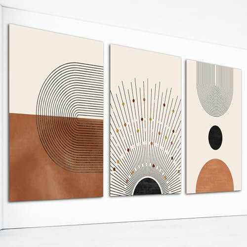 XMJJQQ Mid Century Boho-Leinwandkunst, Set mit 3 geometrischen ästhetischen Postern, schwarz, orange, Regenbogen, Sonnenaufgang, Linie, Kunstdruck, abstrakte, minimalistische Bilder, Wanddekoration