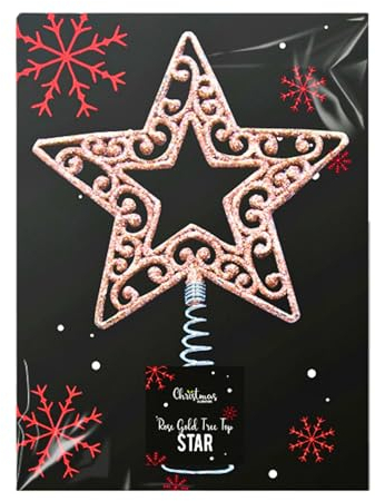 Decorazioni natalizie in oro rosa | Stella per albero di Natale in oro rosa | Dimensioni 19 cm | Puntale per albero di Natale in metallo glitterato | Stella superiore dell'albero di Natale |