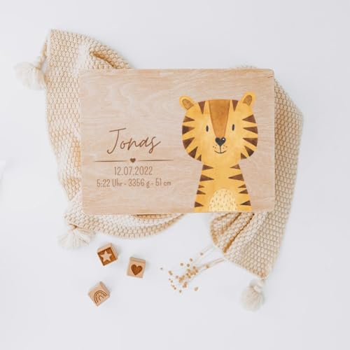 wunderwunsch® - Personalisierte Erinnerungsbox Baby mit Spezial-Druck - Baby Erinnerungsbox - Erinnerungskiste aus Holz - Geschenk zur Geburt (Tiger, S | 30 x 20 x 14 cm)