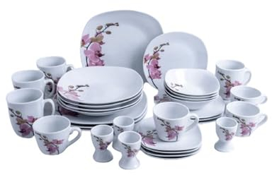 möbelando Kombiservice 32 TLG. Kyoto, eckige Form, weiß mit rosafarbener Orchidee, Porzellan, spülmaschinen- und mikrowellengeeignet im 4-Farbdruckkarton
