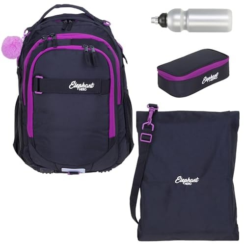Elephant Schulrucksack 4 Teile Set Hero Signature Jungen Mädchen Rucksack Sportbeutel Mäppchen Flasche 12723 (Tiff Lila 13015 (Violett Black))
