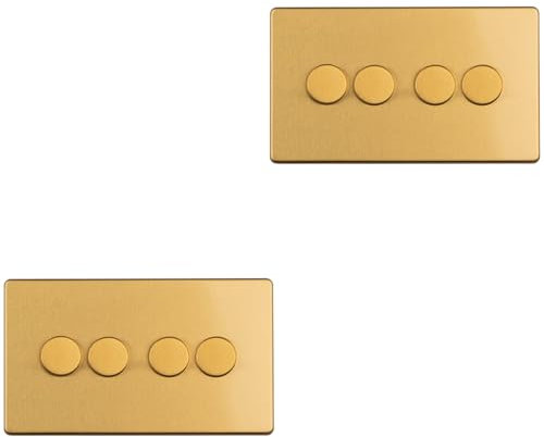 2 Pack 4 Gang Dimmer Switch 2 Way LED SCREWLESS Satin Brass Light Dimming Wall - Decorative Metal Wall Plate