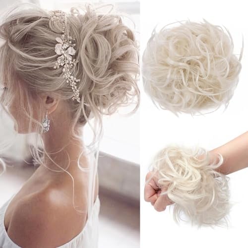 TESS Haargummi mit Haaren VOLUMINÖS Messy Bun Haarteil Dutt 45g Haarteil mit Gummiband für Frauen Mädchen (Weißblond)