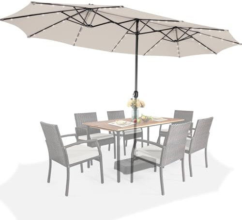 TANGZON 4.5m Twin Patio Umbrella, 48mm Pole Double-Sided Market Parasol with 48 LED Light & Crank System, Outdoor Table Umbrella for Poolside Backyard, Base Not Included (Beige, 450 x 265 x 245cm)