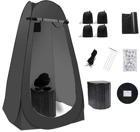 Camping Toilet Kit with Pop Up Privacy Tent, X Large Portable Folding Toilet Potty for Adults, Outdoor Camp Shower Tents,Changing Room with Carry Bag (Black)