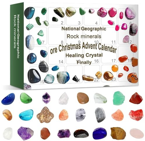 Heilkristall Adventskalender 2024,24 Stück Steine und Fossilien Kit,Edelsteine Adventskalender,Ore Weihnachten Adventskalender,Rock Mineral Adventskalender,Weihnachten Mineral Geschenkbox