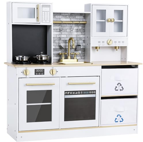 Cocina de Madera Infantil, Cocina Juguete, Juguetes de Cocina, 90x30x90 cm Cocinita Infantil, con Efectos de Luz y Sonido Simulados, con 2 Cajas de Almacenamiento Grandes, Blanco Cocina Madera