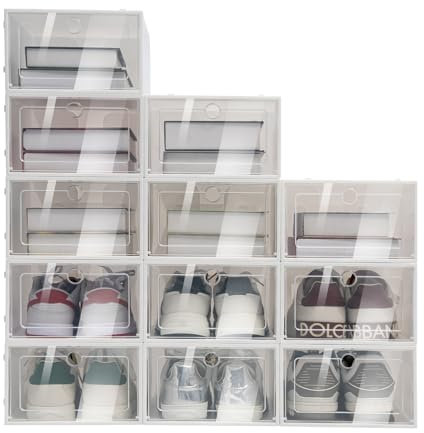 JUUTALK Schuhboxen Stapelbar,24 Stück Schuhkarton mit Tür, durchsichtig, Kunststoffboxen, stapelbar, einfache Montage für Stöckelschuhe, Stiefeletten, Pumps, High Tops,weiß,33 x 23x 14 cm