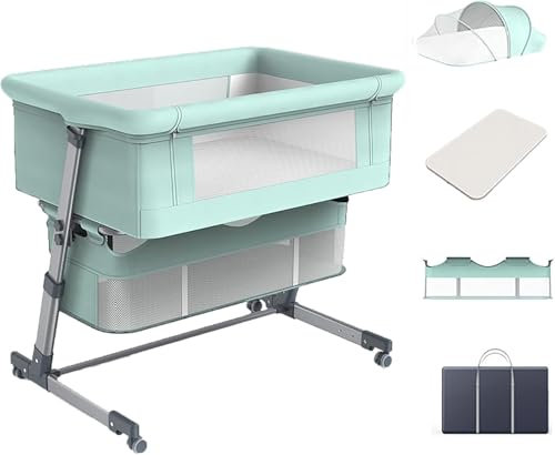 SAYEYBU 3-In-1 Babybett, Mit Verstellbarer HöHe, Stubenwagen FüRs Bett, Mit Aufbewahrungskorb, Atmungsaktive Matratze, Baby-Stubenwagen FüRs Bett, FüR Neugeborene,Grün