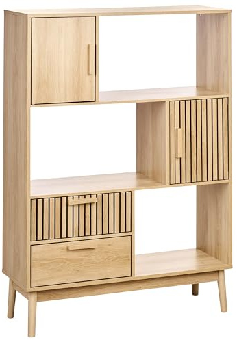 Beliani Scandinavian Style Bookcase Bookshelf Storage Unit Drawers Light Brown Pine Legs Lynwood