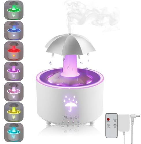 Humidifier for Bedroom, Rotating Umbrella Diffuser with Rain Drop Effect 7-Color LED, 300ML Small Humidifier with Remote & Timer, Funny Rain Humidifiers Gift for Family and Friends (White)