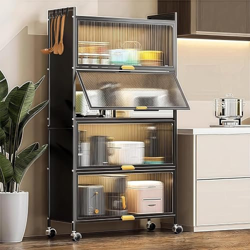 WUDLEP 5 Tier Kitchen Storage Cabinet, Mobile Microwave Stand with Flip-up PC Doors, Kitchen Bakers Rack with 4 Foot Pads, 360° Swivel Lockable Casters and 4 Hooks, for Dining Room, Black,80×32×144 cm