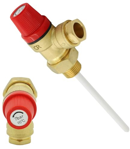 Temperature and Pressure Relief Safety Valve, 7 Bar, 90°C, 1/2 Inch, Brass Construction