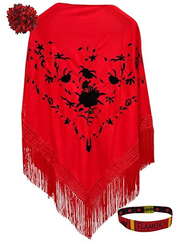 Planta Color Châle brodé de fleurs avec accessoires, Rouge Fleurs Noires, L