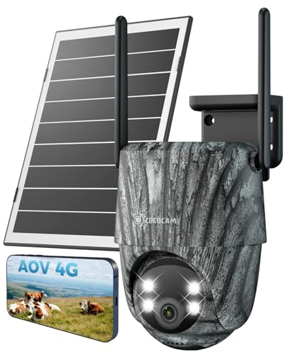 COCOCAM 24/7 AOV 4G Camera Surveillance Exterieur Sans Fil, Camera Chasse Avec Animaux Détection, 30m 2K Vision Nocturne, IA Détection, 15000mAh Batterie & 8W Panneau Solaire, eSIM Incluse (Sans WIFI)