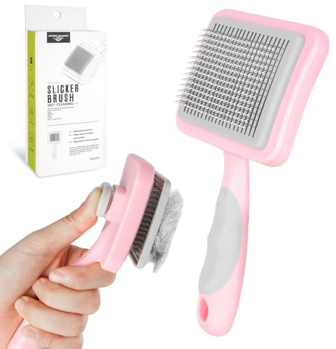 MOXYOY Dog Brush Cat Brush, Cat Grooming Comb Self Cleaning Pet Hair Comb with Button Dog Grooming Tool for Small, Medium & Large Pet Shedding Massage Clean (Pink)