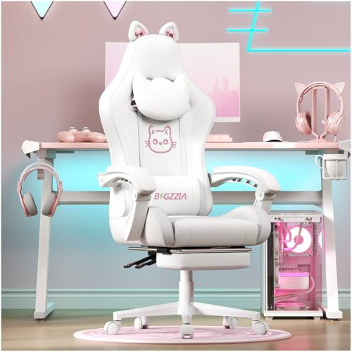 bigzzia Gaming Chair Cute with Cat Ears and Massage Lumbar Support, Ergonomic Computer Chair for Girl with Footrest and Headrest (All White)