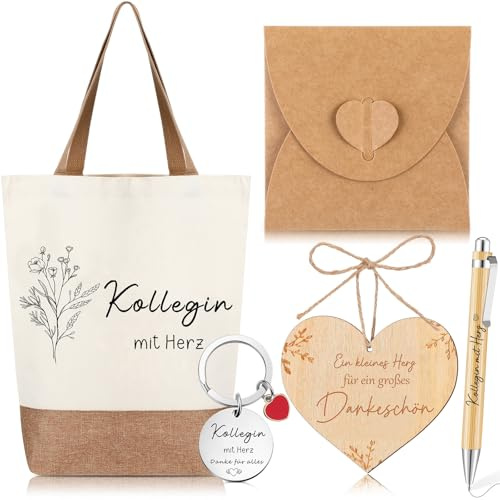 Xuniea 5er Set Abschiedsgeschenke Kollegen Dankeschön Geschenke Weihnachten | Tasche Kollegen mit Herz, Schlüsselanhänger, Holz Karte, Kugelschreiber, Für Danke Kollegen Mitarbeiter Ruhestand Jobwechsel