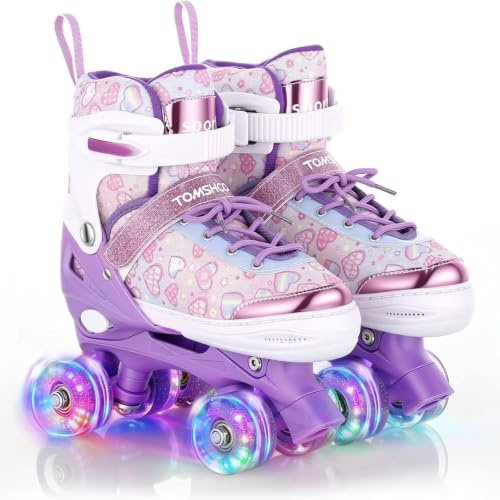 TOMSHOO Patins à roulettes pour Enfants, 8 Roues Lumineuses et 4 Tailles réglables, Roller Enfant Fille avec Motif cœur pour Enfants, Adolescents, débutants, à l'intérieur et à l'extérieur