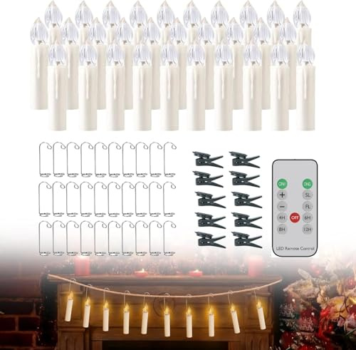 UISEBRT Kabellose LED Christbaumkerzen 30er Set, Elektrische Kerzen mit Fernbedienung und Timer, Weihnachtsbaum LED Kerzen Elfenbeinweiß, Christmas Decorations für Halloween Hochzeit Garten Party
