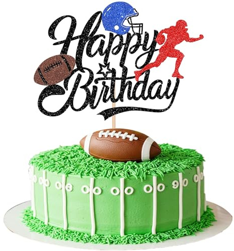 1 Stück Rugby Tortendeko Glitzer Happy Birthday Cake Topper Rugby Spieler Kuchen Deko für Sport Thema Baby Dusche Geburtstag Party Kuchen Dekoration Schwarz Rot