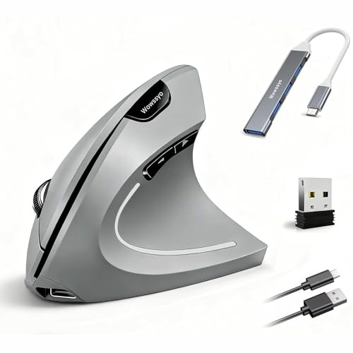 Wowssyo Ergonomique Souris Verticale sans Fil 2,4 G et Rechargeable Bluetooth Souris pour Windows et Mac OS, Optique, 800/1200/1600 DPI, 5 Boutons - Gris
