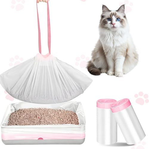 FAELNK 40 Sacs à Litière pour Chat XL (64x40 cm) Sacs Poubelle avec Poignée de Transport Sac à Litière pour Chat 10kg Capacité pour Bacs Automatiques/Ouverts Résistant aux Griffes et Odeurs