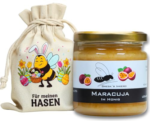 Grega's Imkerei - Honig Geschenkset im Leinensäckchen Für meinen Hasen | 250g Honigspezialität nach Wahl | Ideales Ostergeschenk & Osternest-Füllung | Vom Imker (Maracuja im Honig 250g)