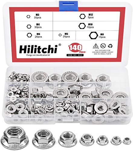 Hilitchi 140pcs M3 M4 M5 M6 M8 M10 M12 Sechskantflanschmuttern Sortiment Kit - 304 Edelstahl