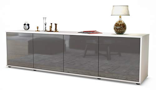 Stil.Zeit Armoire TV Planche Basse Antonia, Corps de Meuble Blanc, façade Haute Brillance-Design Gris (180x49x35cm) la poussée vers la Technologie Ouverte & Debout