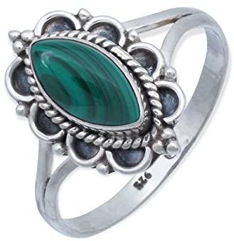 mantraroma Damen Ring 925 Silber Malachit Edelstein grün ausgefallen verspielt