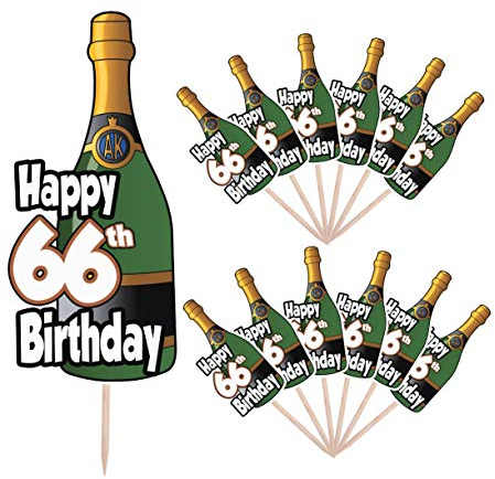 Happy 66th Birthday – Champagner-Flasche Party-Essen Kuchen Cupcakes Picks Stäbchen Dekorationen Aufsteller Essen Flaggen