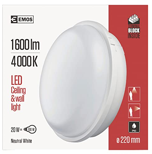 EMOS LED-Wandleuchte und Deckenleuchte 20 W rund, IP65 wasserdichte 1600 lm Außenleuchte für Balkon, Keller, Garage, Outdoor, 4000K, 22cm ZM3010 Weiß
