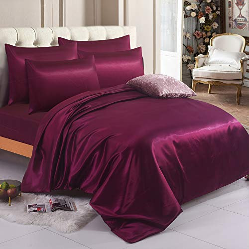 ZIMEL HOMES Six Pieces Satin Bedding Sets Duvet Cover, Fitted Sheet, 4 Pillowcases | Complete Silky Bedding Set
