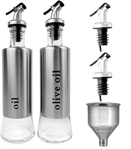 OKEO Oil Dispenser Bottle Set 2PC Stainless Steel & Glass 320ml Oil Bottle, Olive Oil Bottle, Olive Oil Pourer Drip Free, Easy Pour, 2 Extra Spout Caps, Stainless Steel Funnel