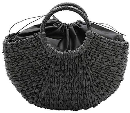 WOVELOT - Bolso de playa hecho a mano de paja tejida redonda grande cubo de verano para damas cesta natural bolso de mano forrado negro