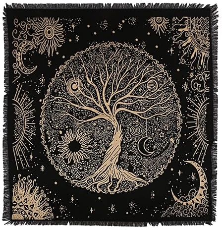 THE ART BOX Altartuch Tarotkarten Tischservietten Hexereizubehör Schwarzgold Tischdecke Quadratisch Alter Pagan Spirituelles Himmlisches Decktuch mit Fransen, Baum des Lebens, 60x60 cm