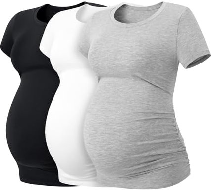 LAPASA Lot de 3 T-Shirts de Maternité Femme Vêtements de Grossesse Maillot de Corps Enceinte Manches Courtes L55 1 Noir, 1 Gris Chiné, 1 Blanc Cassé XL