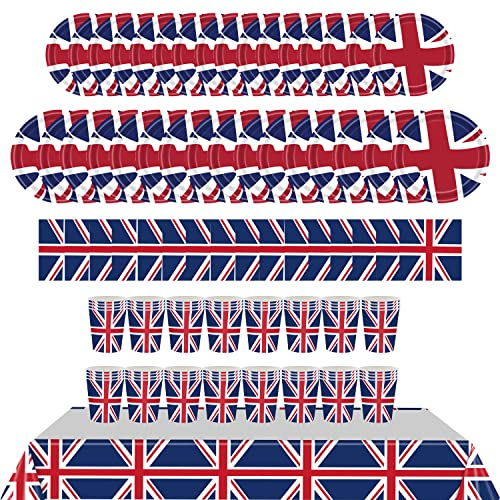 BlinBlin Union Jack Partygeschirr-Set, Queen's Platinum Jubilee Party Geschirr, Großbritannien Sportveranstaltungen BBQ Royal Thema Tischdekoration, Tischdecke, Servietten, Pappteller, für 16 Gäste