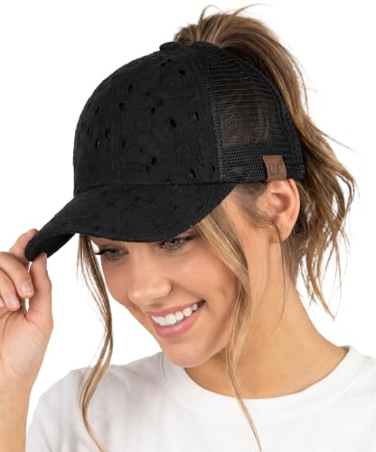 Funky Junque Criss Cross Hat Damen Baseball Cap Distressed Pferdeschwanz Messy Bun Trucker Ponycap, Baumwollösen, Schwarz, Einheitsgröße