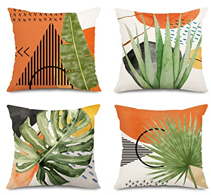 Jartinle Abstrakte Kunst, tropische Blätter, Boho-Kissenbezüge, 45.7x45.7 cm, botanische Pflanzen, Natur, Mitte des Jahrhunderts, moderne Wurfkissenbezüge, 4er-Set, für Couch, Outdoor-Dekor